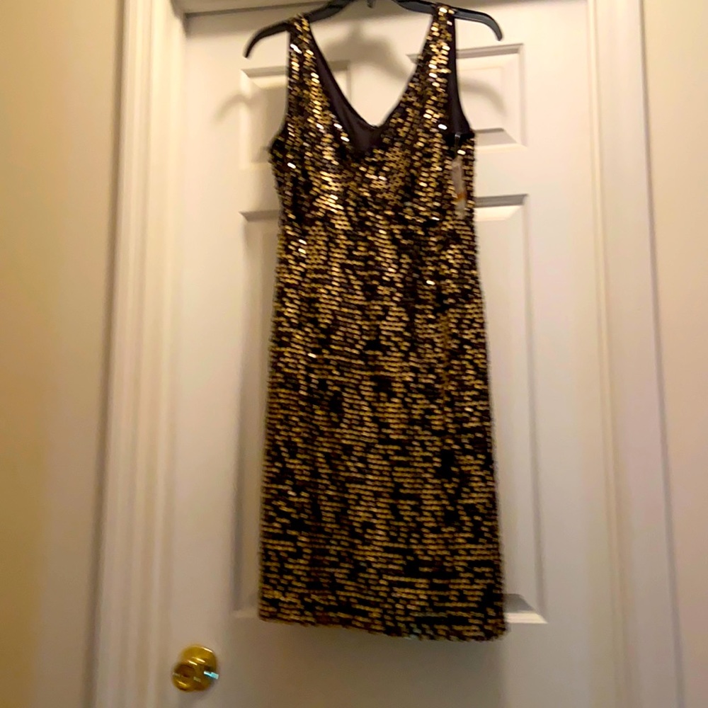 Sequined, v-neck sheath dress, back zip.
